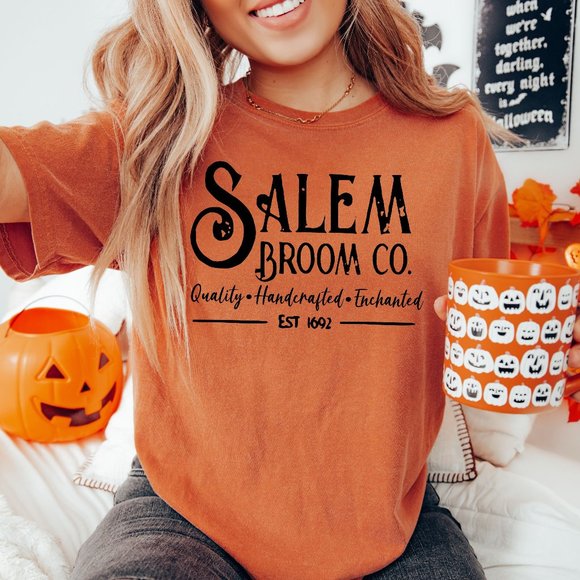 NEW Salem Broom Co Witch 1692 Halloween Comfort Colors Graphic Fall Tee Shirt - Picture 1 of 4